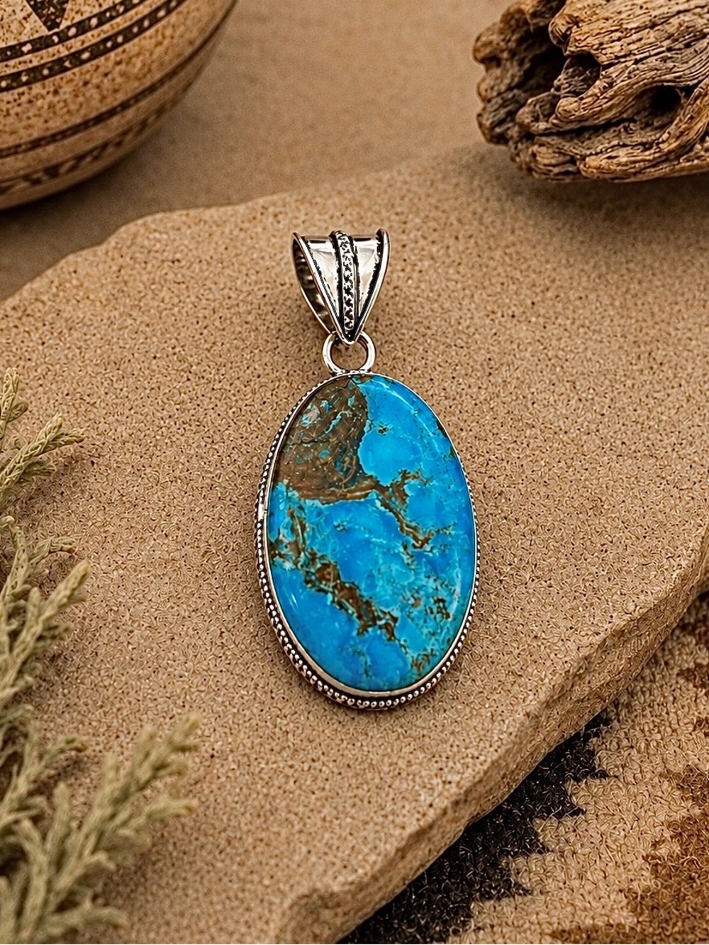 Southwest Large Turquoise Gemstone Sterling Silver Pendant